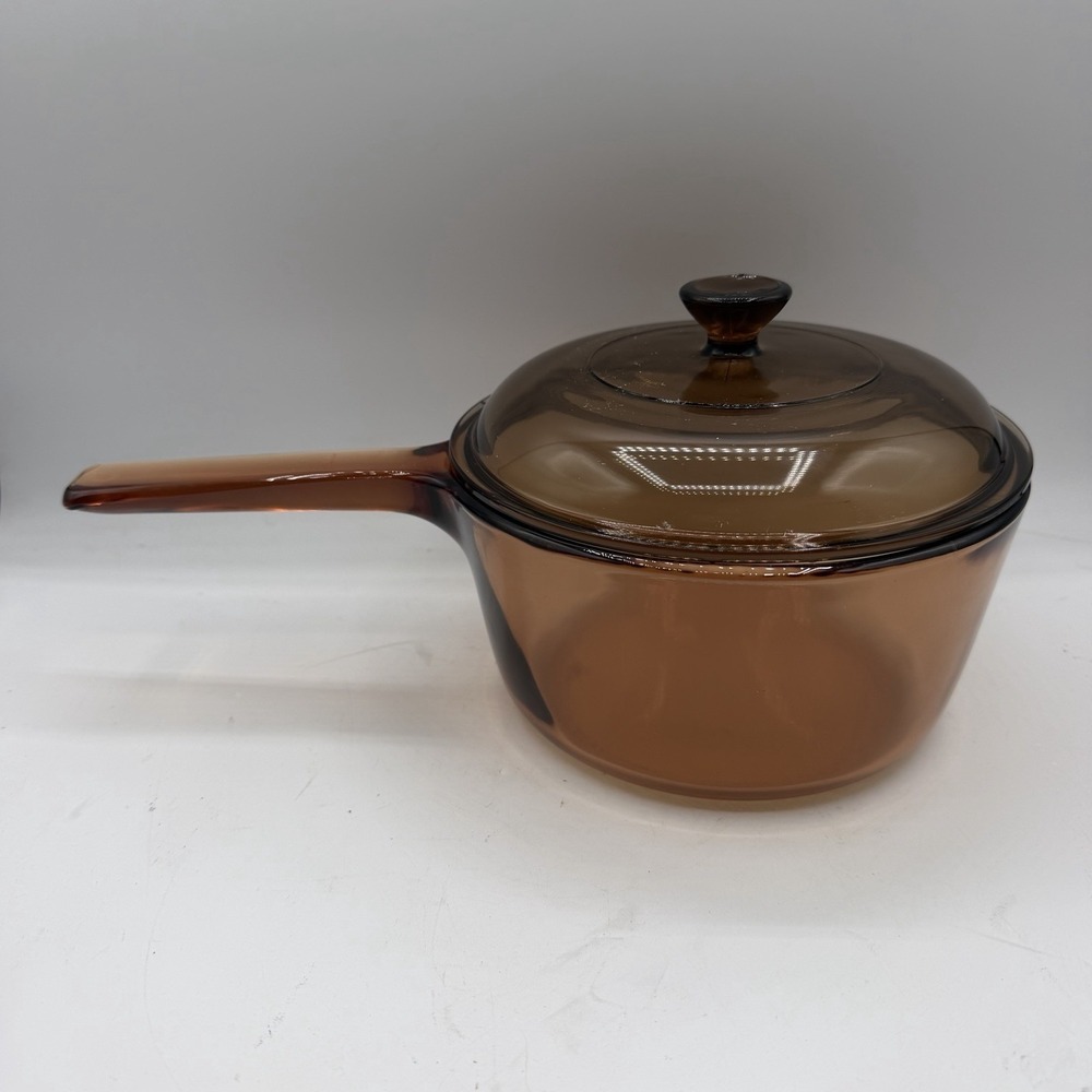 Vintage Vision Corning Ware 1.5 L Amber Color Sauce Pan Pot w/ Pyrex Lid USA